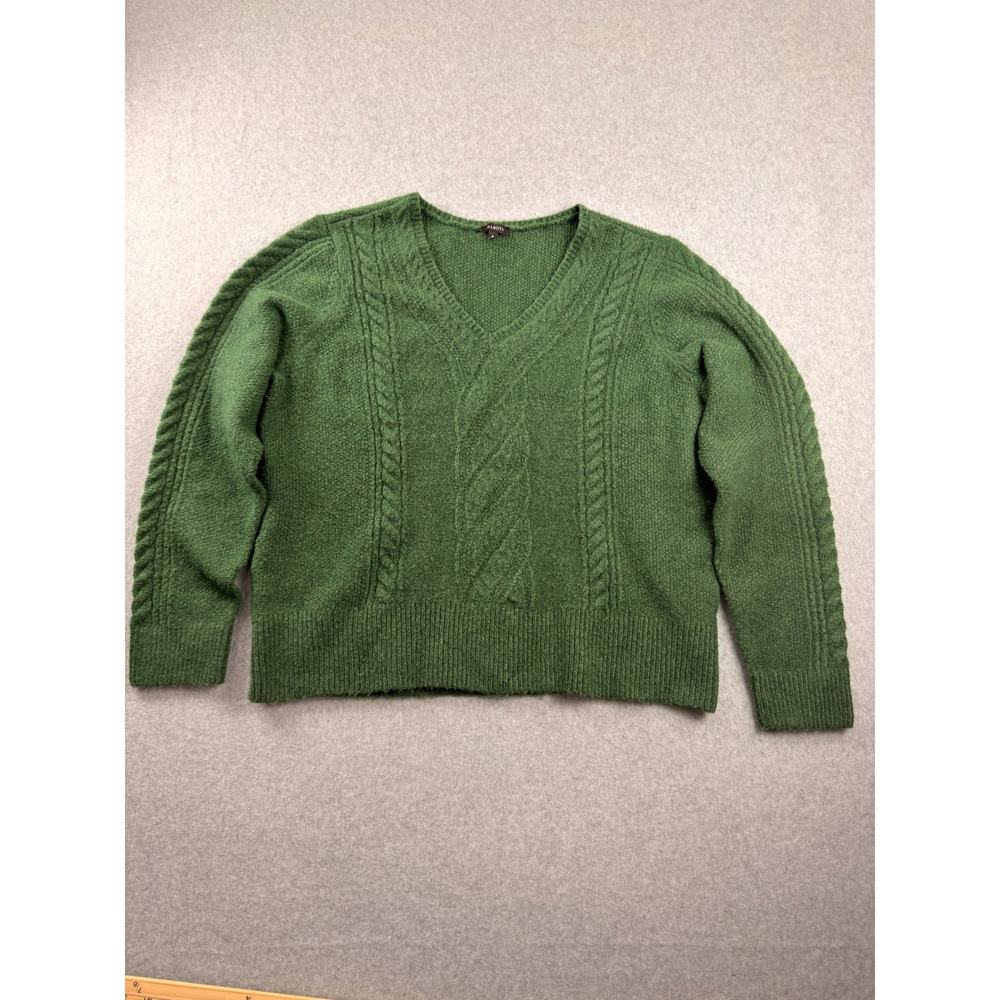 Vintage Talbots Womens XL Green Cable Knit V-Neck Wool Blend Sweater